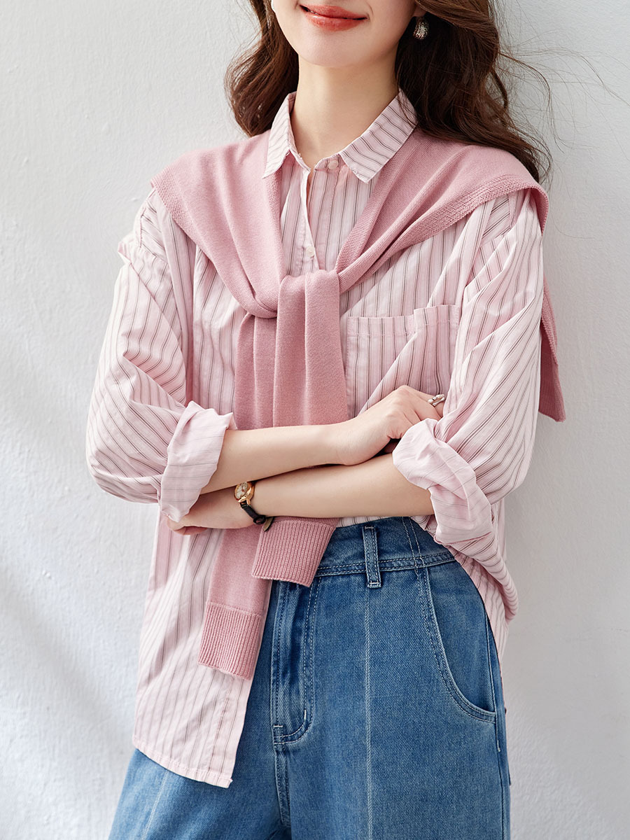 Pink Striped Shirt for Women, Long-Sleeved 2026 Spring New Style Top, Knitted Shawl Top, Designer Women's Shirt