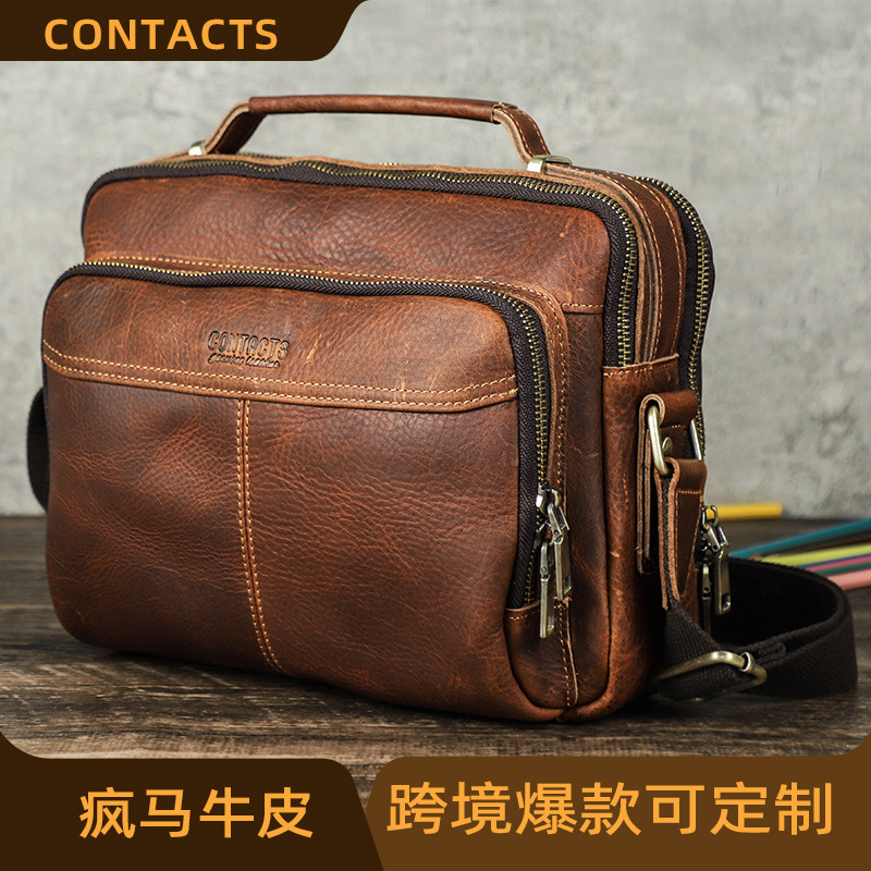 Black Angel Retro Crazy Horse Leather Can Hold 10.5inch Ipads Single Shoulder Crossbody Bag Multifunctional Genuine Leather Men's Bag Simple