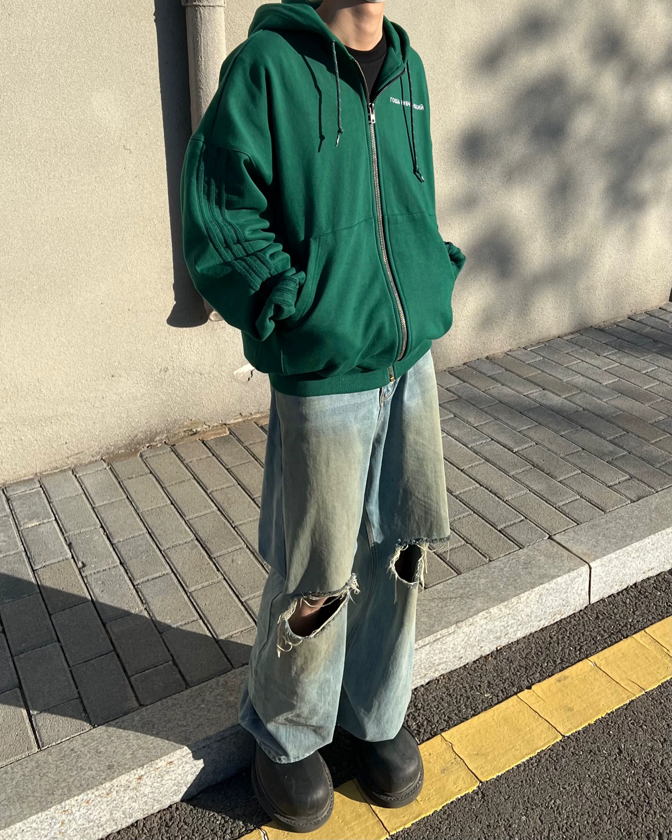 In Stock K嘉Made Gosha Collaboration Green Three-Stripe Zip-Up Sweatshirt Jacket, Same Style as Li Yanwo