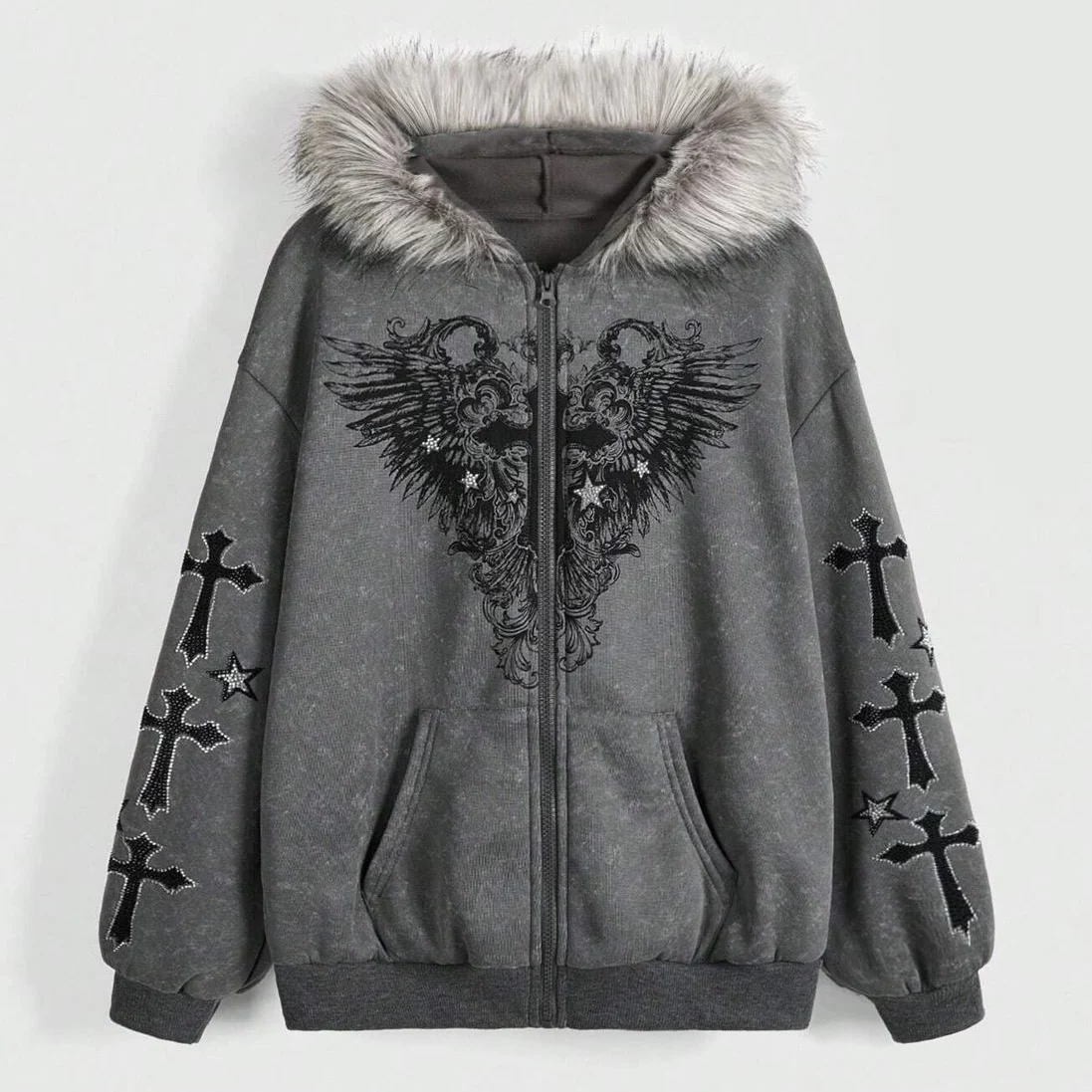 Subcultural punk y2k Abi visual style detachable big fur collar hooded sports jacket women's winter light Asian top
