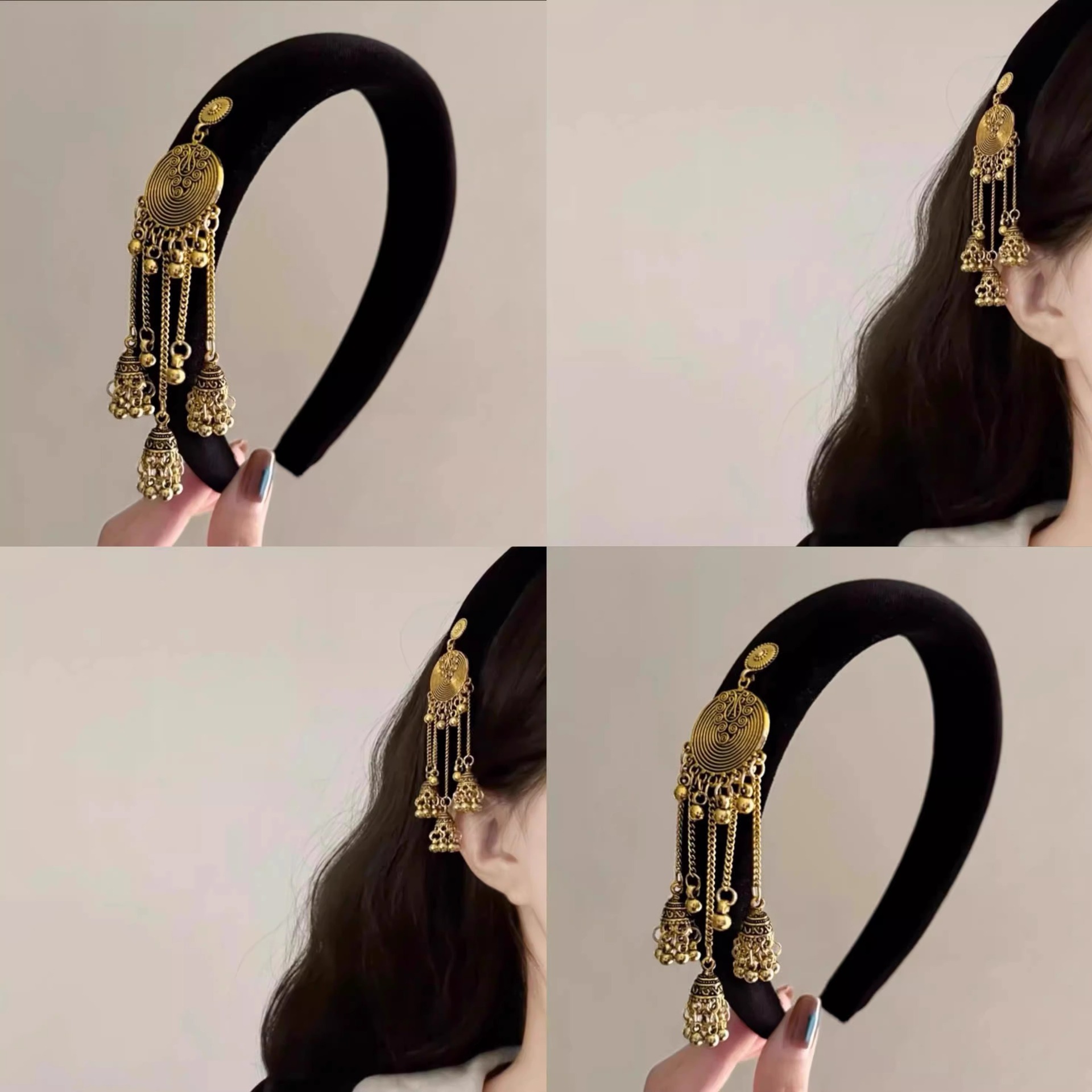 Ethnic Style Velvet Bell Tassel Headband New Chinese Style National Fashion High Cranial Top Headband Niche High-end Retro Hair Accessories