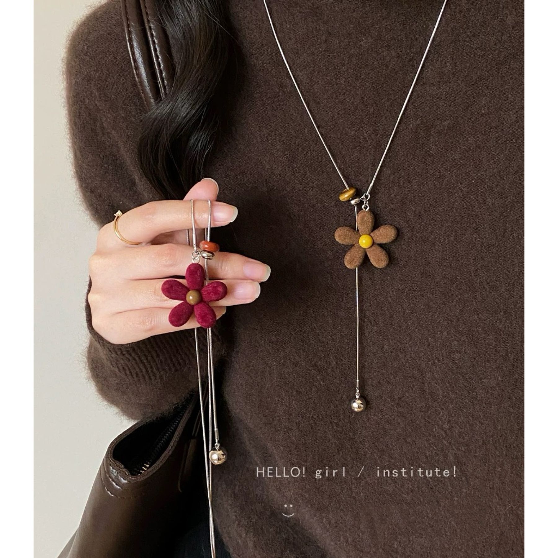 Korean-Style Red Velvet Flower Pull-Out Necklace for Women, High-End Luxury Niche Tassel Long Sweater Chain Accessory