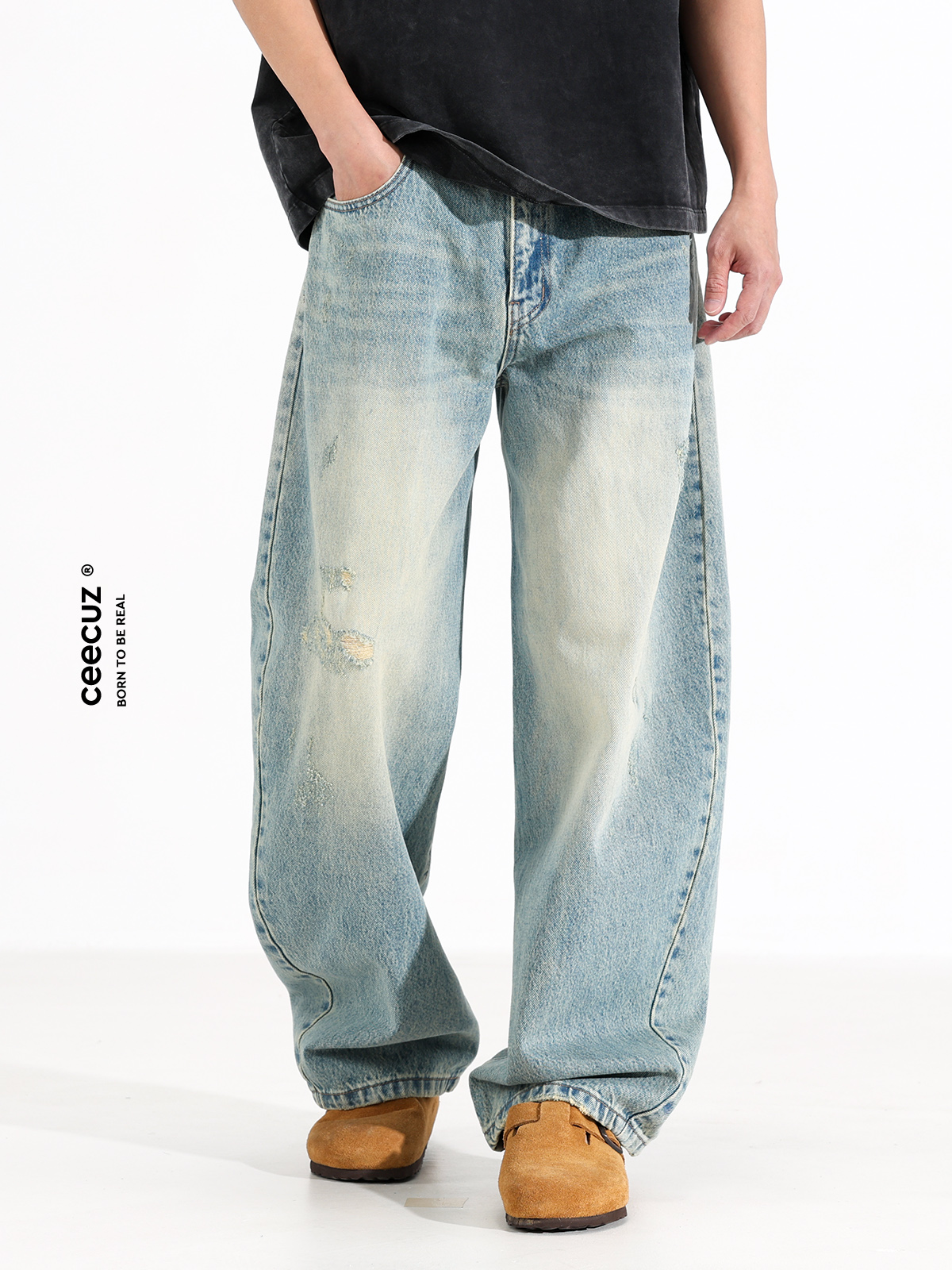 Ceecuz Design-Inspired Washed Ripped Scimitar Jeans for Men, American Retro Loose Wide-Leg Casual Silhouette Long Pants