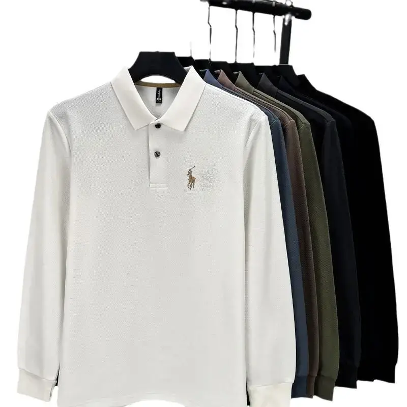 High-grade Pure Cotton Long-sleeved T-shirt Men's High-end Embroidered Middle-aged Top Lapel Casual Men's Long-sleeved T-shirt for Spring and Autumn