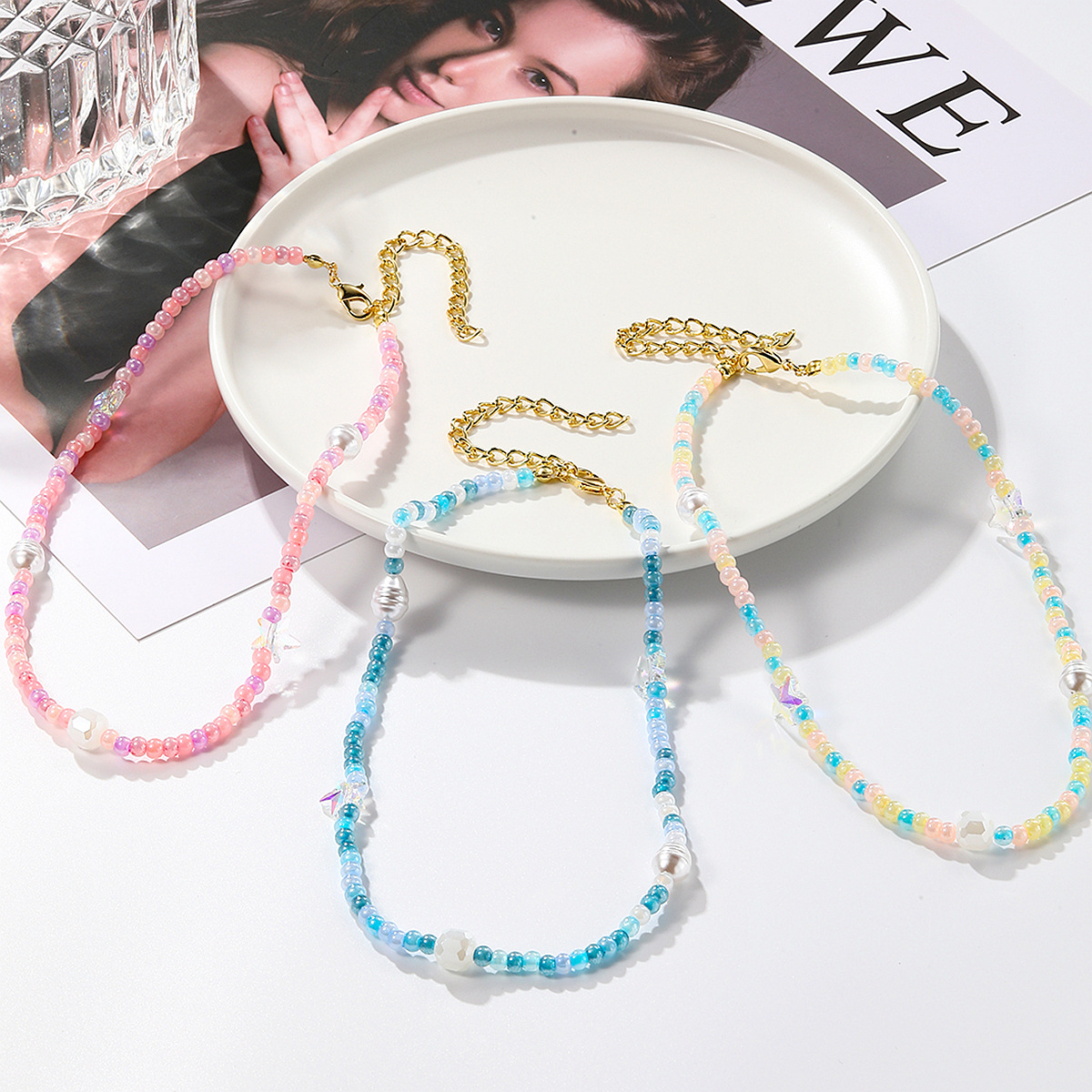 Cross-Border Necklace, Light Luxury Niche Colorful Beaded Sweet Choker, Clavicle Chain, Shell Five-Pointed Star Pearl Accessories for Women