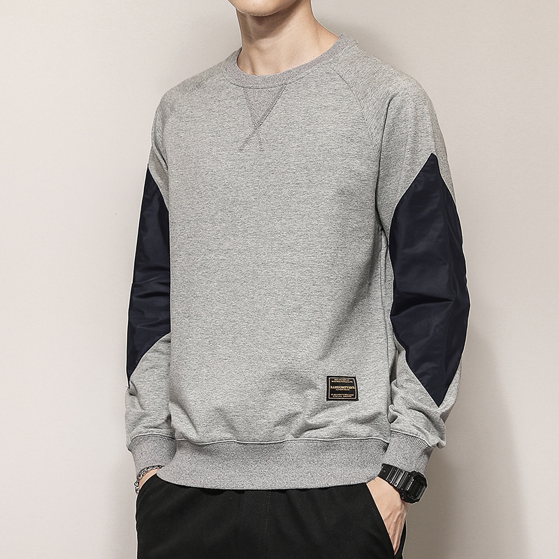 Sweater Men's Autumn and Winter Youth Round Neck Long Sleeve fleece-lined Color-matching Base Shirt Fashionable Loose T-shirt