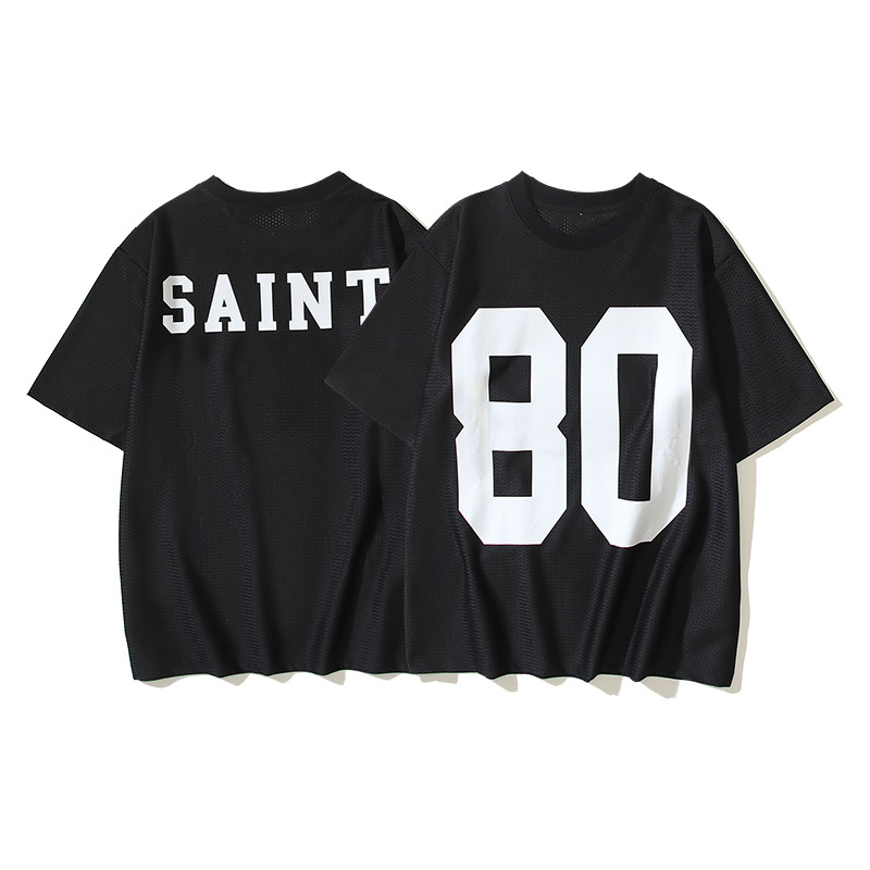 2025 Cross-border American-style High Street 80 Printed Rugby Clothes Hollow Mesh Short-sleeved T-shirt Loose Trendy Jersey for Men and Women