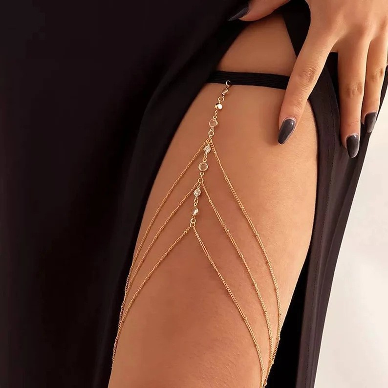 European and American Cross-Border New Hot-Selling Flat Diamond Leg Chain Gold Thigh Chain Female Sexy Pendant Multi-Layer Rhinestone Body Chain for Women