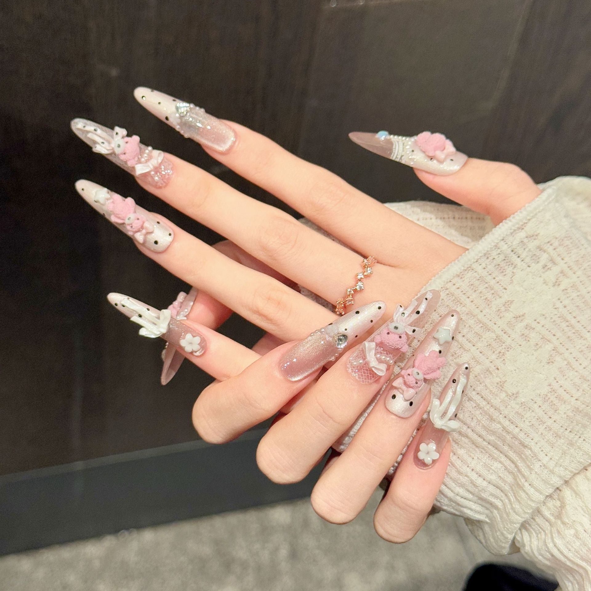 Rikaman【Pink Bear Dream】Cute and Sweet Cartoon Long Handmade Wearable Nail Art