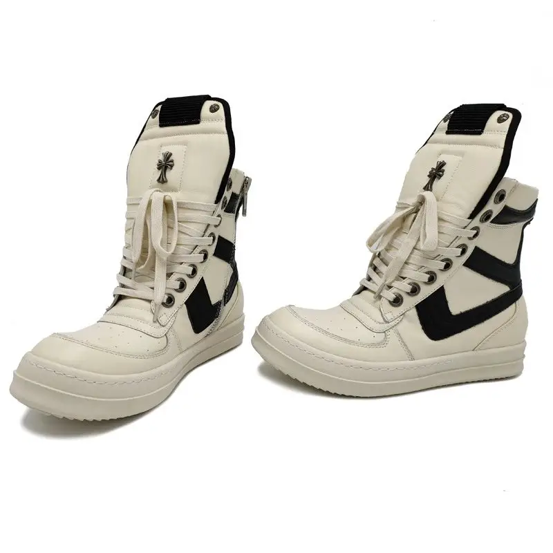 Big Inverted Triangle Cross Hook R High-Top Women's Black and White Shoes Men's Thick-Soled Short Boots Genuine Leather Couple Shoes