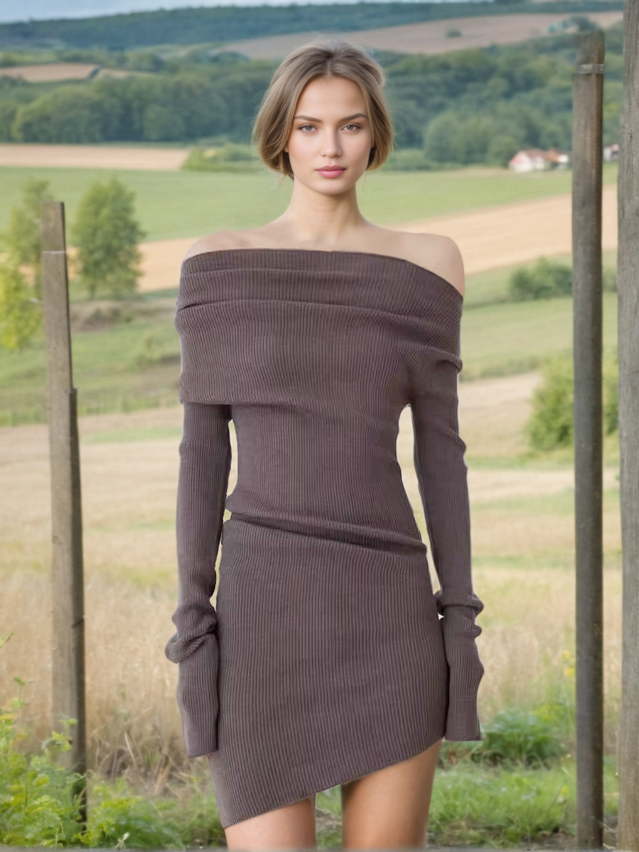 2026 Spring New Fashion Stylish One-Shoulder Waist-Cinching Slimming High-End Long-Sleeve Short Knit Dress for Women
