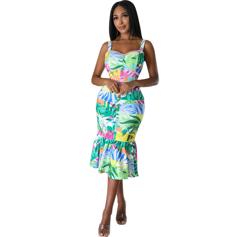 362 European and American Women's Sling Skirt Summer Printed Sleeveless Dress Wholesale Skirt Fashion Casual