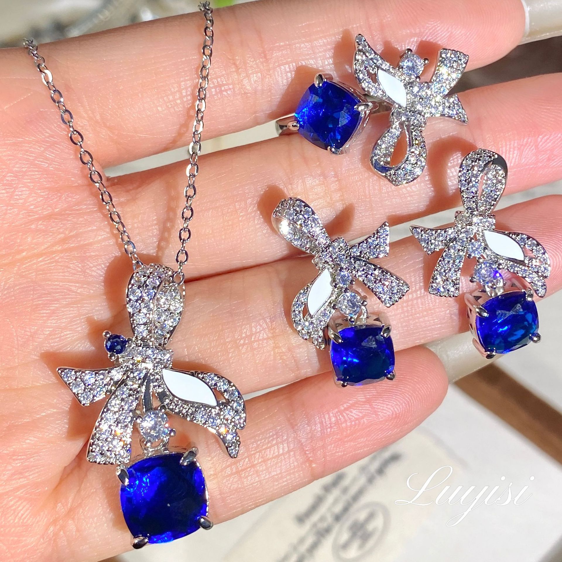 Fashion Light Luxury Super Fairy Pendant Necklace Inlaid Simulation Royal Sapphire Ring Blue Diamond Earrings Color Treasure suit Women