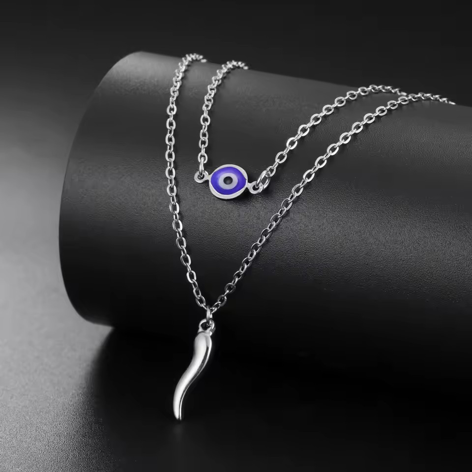 Italian Horn Blue Evil Eye Necklace Stainless Steel Double Chain Necklace Women's Good Luck Jewelry Jewelry Gift