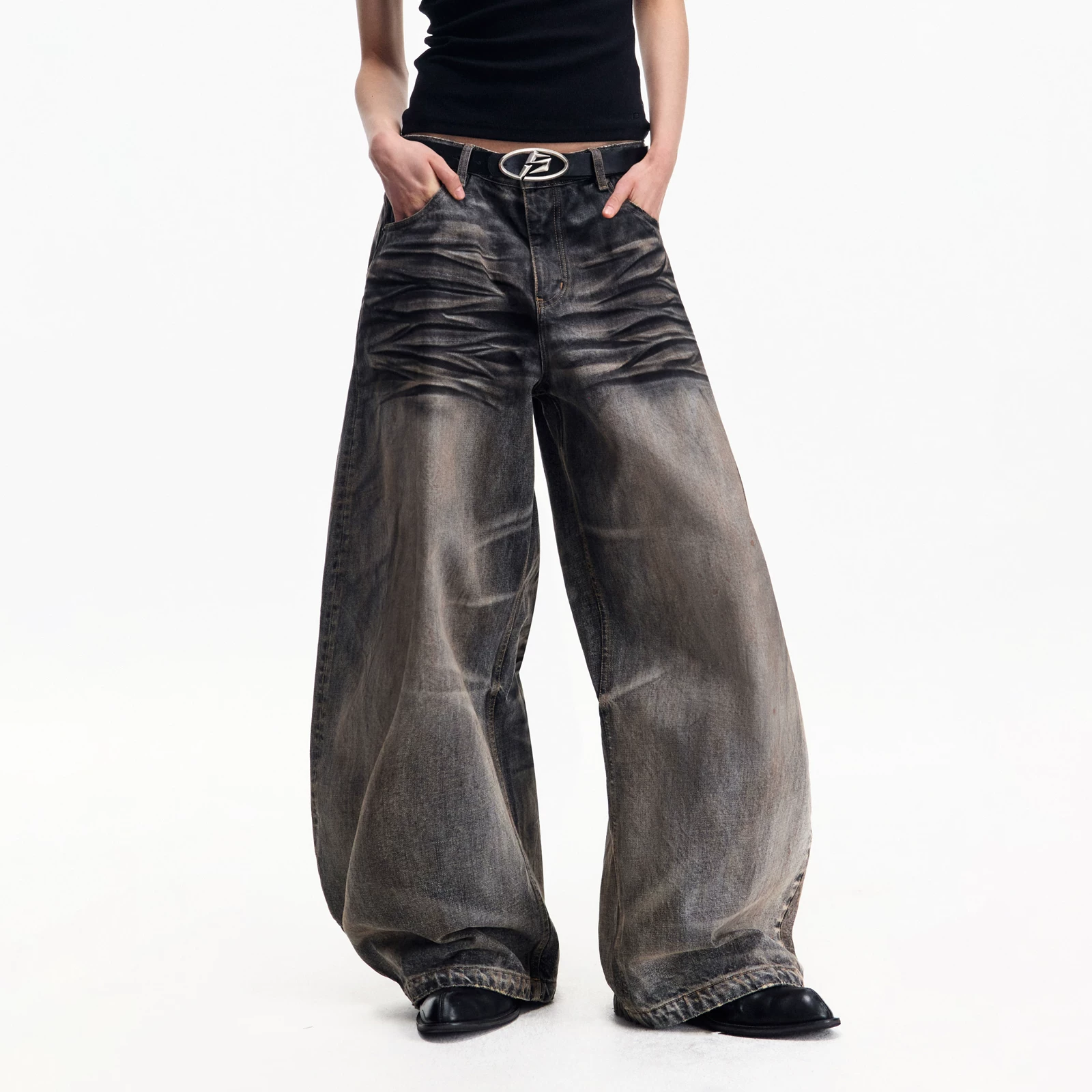 PEOPLESENSE Retro Washed Grey Wide Leg Jeans Men and Women Same silhouette Loose Crooked Pants