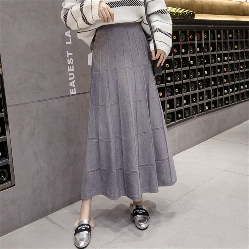 Autumn and Winter New Trendy Women's Solid Color Knit Midi Pleated Skirt A-Line Skirt
