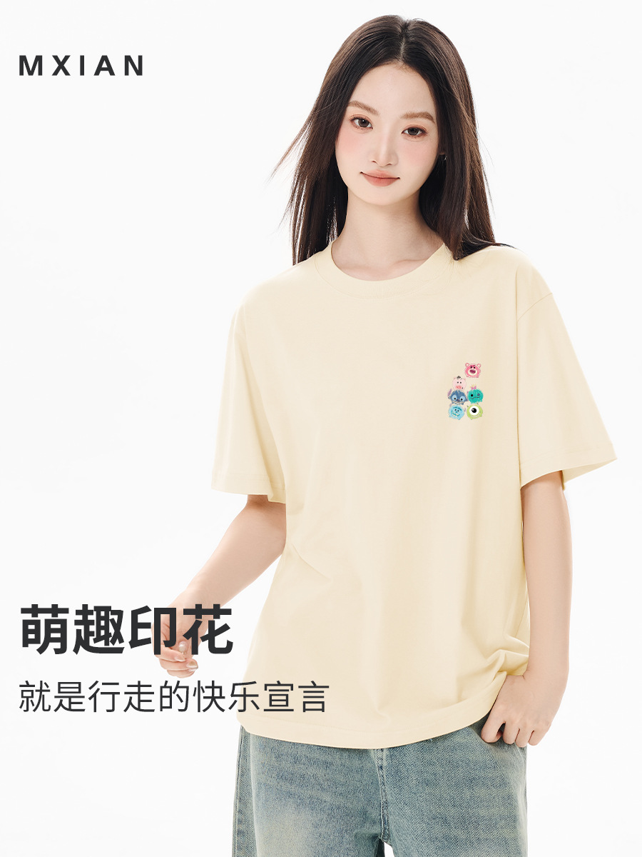 2024 Black Loose Short-sleeved T-shirt Women's BF Lazy Style Ins Creative Printed Pure Cotton Half-sleeved Base Top for Summer