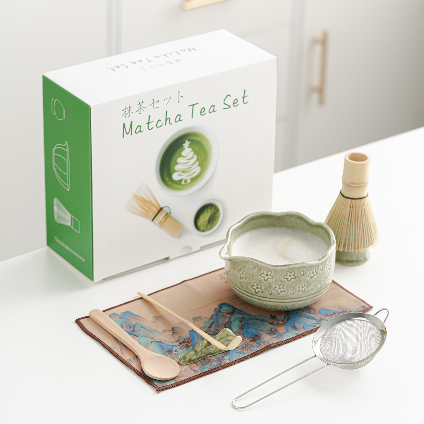 Matcha Green Japanese Cherry Blossom Matcha Bowl Tea Whisk Stand 45678 Piece Set Song Dynasty Tea Making Tool Set Cross-Border Exclusive Supply