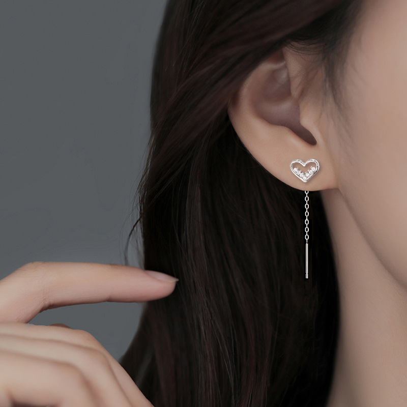 New Hollow Small Broken Diamond Love Ear Line Women's Japanese and Korean Style Sweet Girly Elegant Earrings with Zircon Heart-shaped Ear Chain
