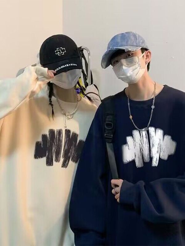 Graffiti printed round neck sweater men's spring and autumn American retro youth couple fashion brand loose hooded long sleeve T-shirt