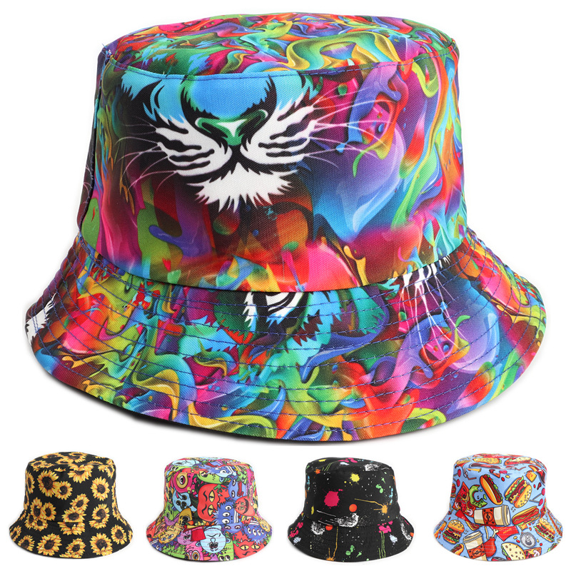 Cross-Border New Personalized Painted Printed Fisherman Hat European and American Colorful Tiger Head Double-Sided Sunshade and Sun Protection Basin Hat Trendy