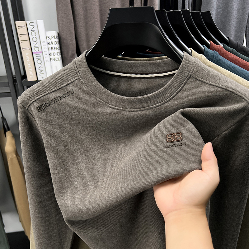 Men's Long Sleeve Silk Sweatshirt for Spring and Autumn, Casual Versatile Stretch Crew Neck Trendy Base Shirt T-Shirt Top for Men