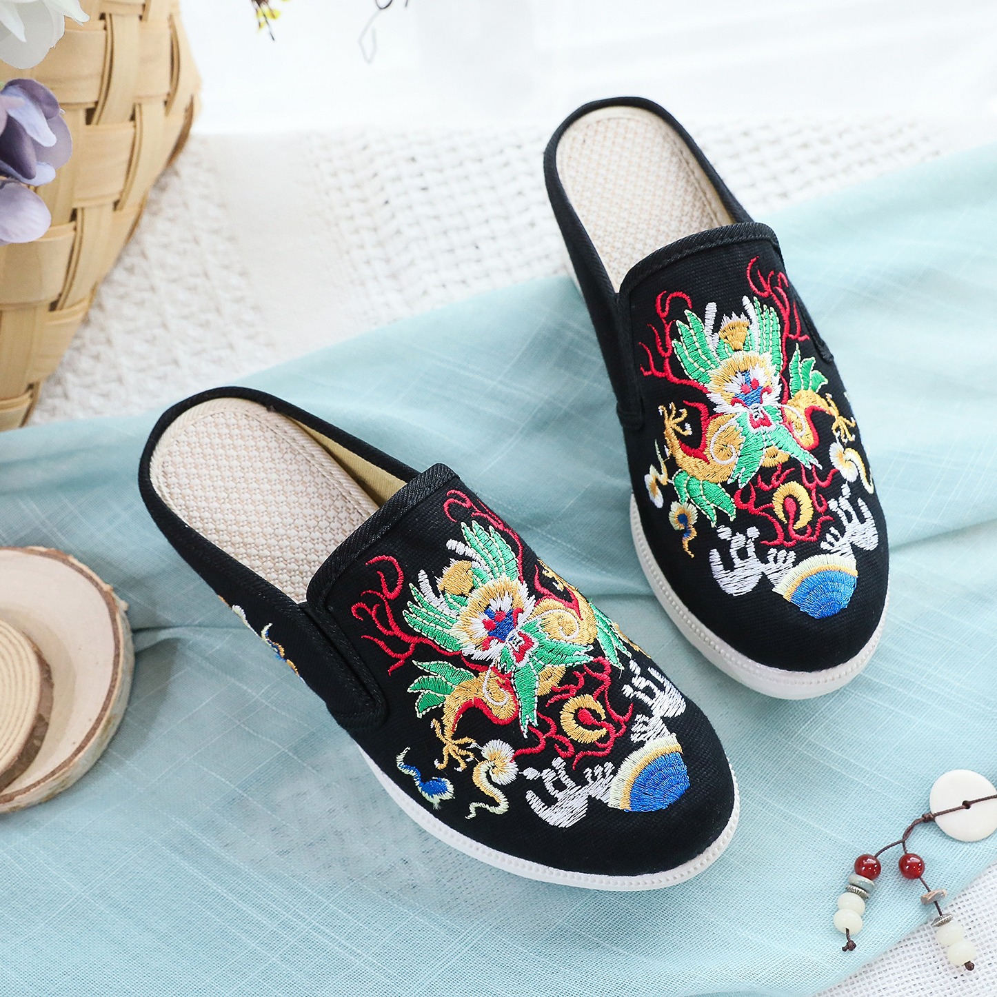 Slippers big white high heel wedge embroidered retro fabric slippers summer sandals a generation of hair