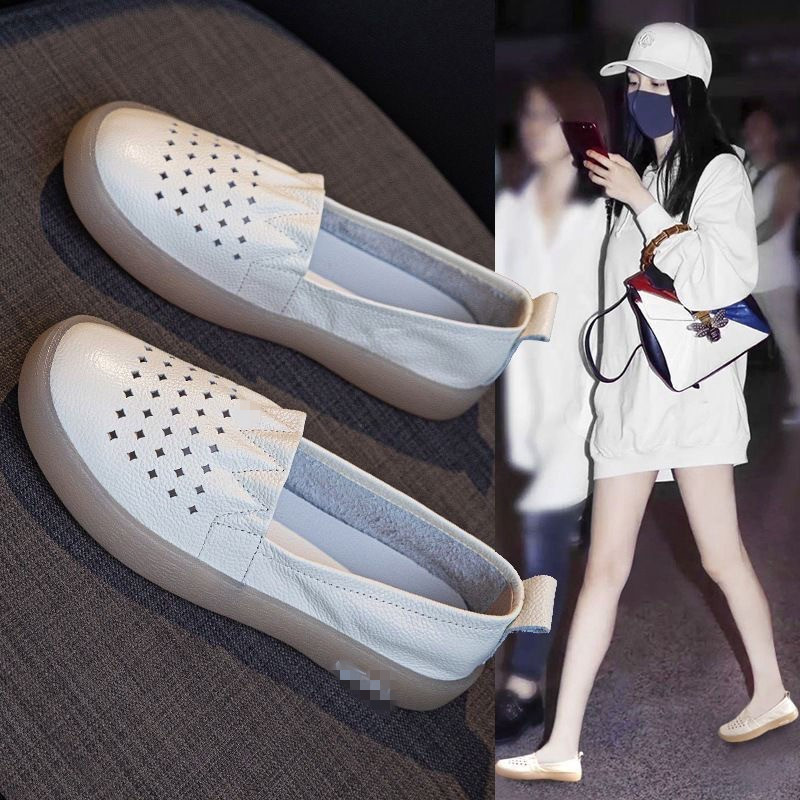 2026 New Style Soft Leather Hollow-Out White Shoes for Women, Spring and Summer New Slip-On Nurse Shoes, Soft-Soled Casual Flat Shoes