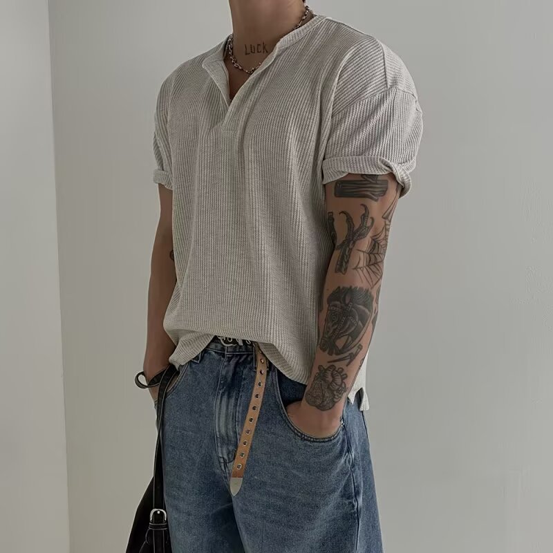 Waffley Henley Collar Short-sleeved T-shirt Men's Summer Lightweight Breathable Korean Style Teenage Loose Casual Trendy T-shirt