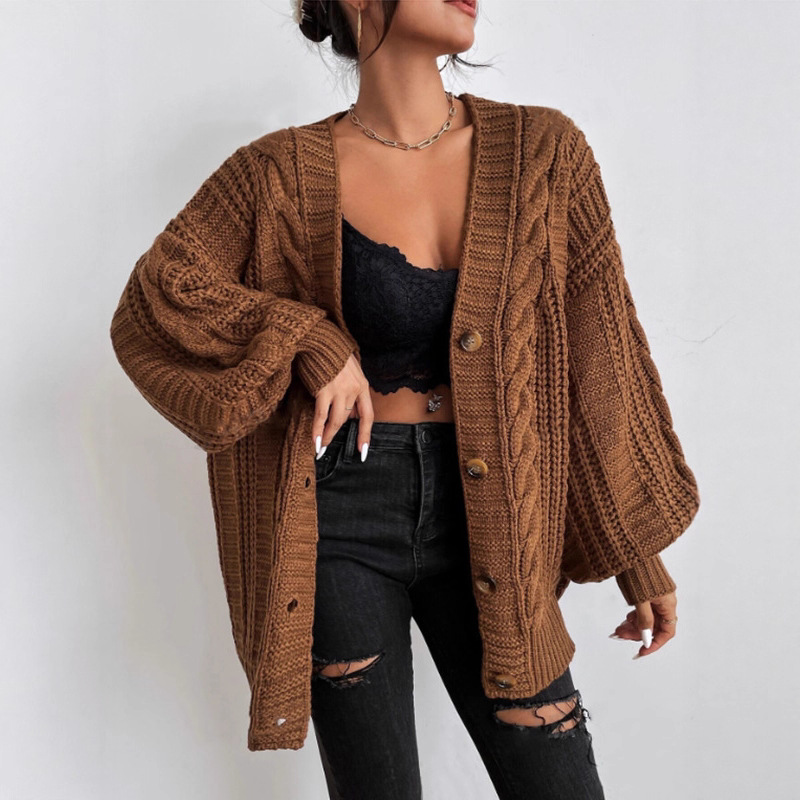 European and American Amazon Cross-Border Pure Color Thick Knitted Knitwear Women's Jacket New Mid-Length Casual Lazy Style Knitted Knitwear