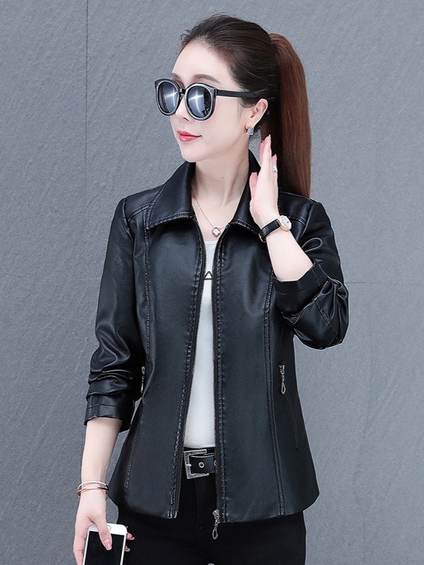 Leather Women's Short Spring and Autumn PU Leather Coat Korean Fashion plus size Women's Slim-fit Lapel fleece-lined Leather Jacket Top