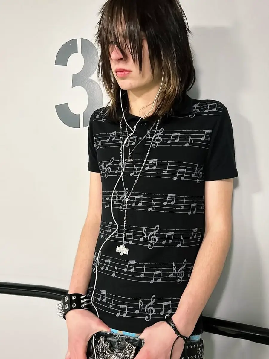 From the Street Street-Style Musical Notes Slim-Fit Lightweight Summer Short-Sleeve Polo Shirt T-Shirt
