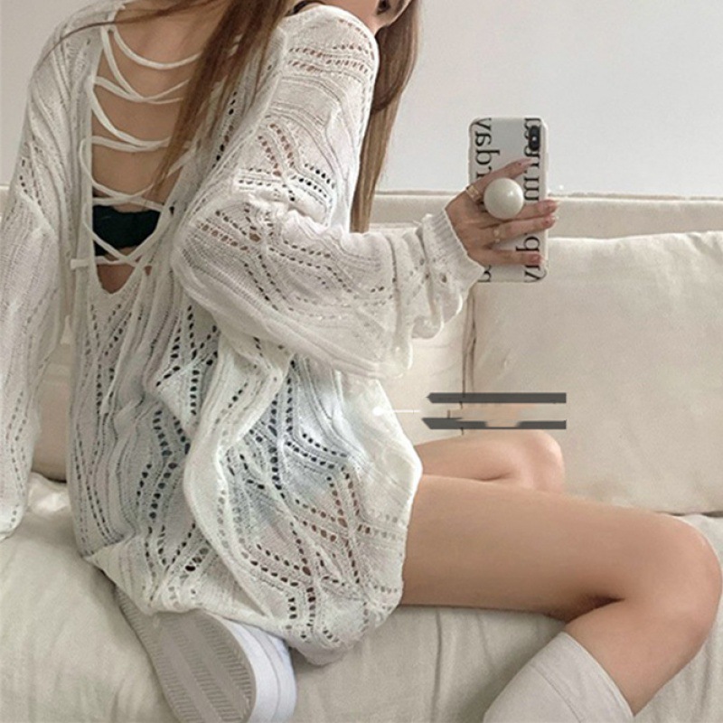 White Knitted Cardigan for Women, Autumn 2026 New Style, Lazy Design, Niche Hollow-Out Backless Top