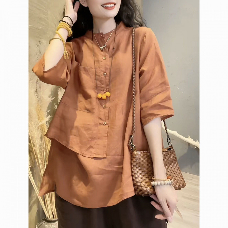 Single/Two-Piece Cotton and Linen Shirt for Women, Retro Design, Niche Three-Quarter Sleeves, Loose Belly-Covering Thin Style