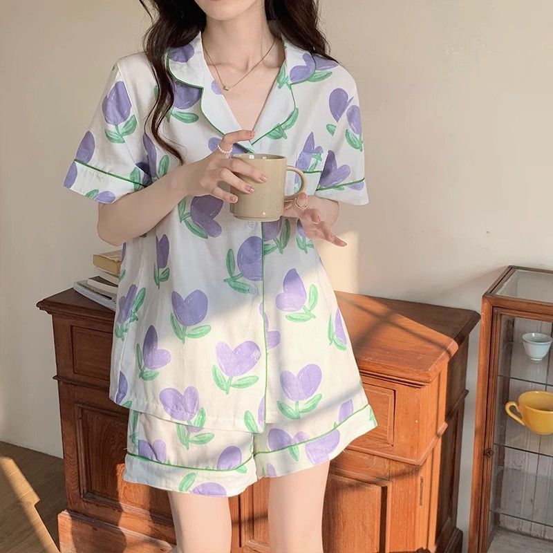 Wholesale Pure Cotton Pajamas for Women in Summer, Fresh Pastoral Style, Korean Style, Niche Home Wear, Girly Cardigan Suit