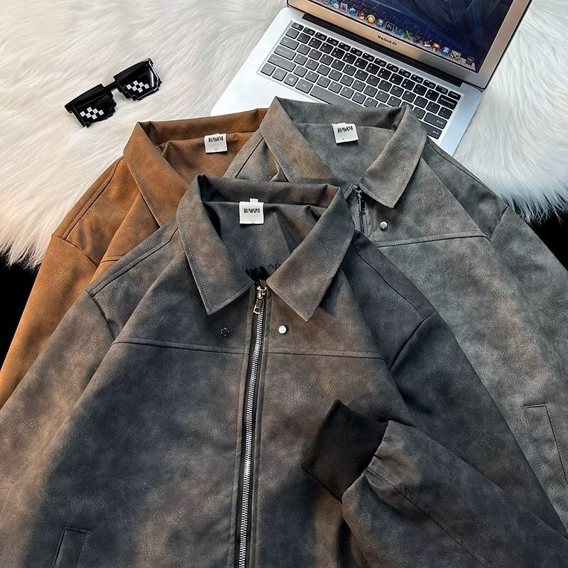 PU Leather American Style Vintage Studded Jacket Men's Spring and Autumn Loose Lapel Baseball Suit Maillard Couple Leather Jacket
