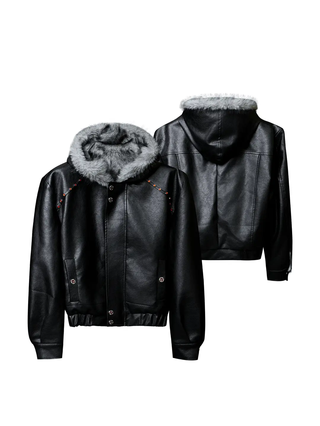 Argue Culture Heavy-Duty Mountain Carving Fleece-Lined Thickened Leather Jacket with Hood and Fur Collar Short Wide Coat