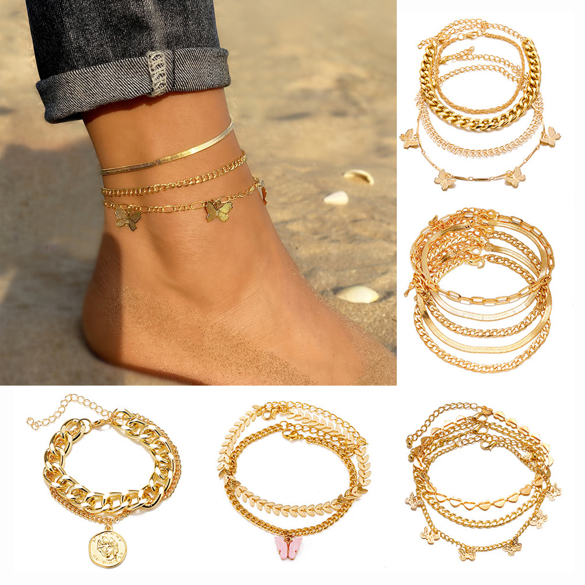 European and American Cross-Border Personalized Retro Thick Chain Anklet Set Ins Cool Style Retro Anklet Bracelet Set for Women