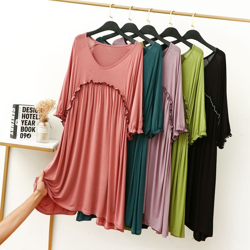 Summer New Solid Color Modal Sleeve Stitching Lace Loose Large Size Dress Sweet Casual Home Nightgown
