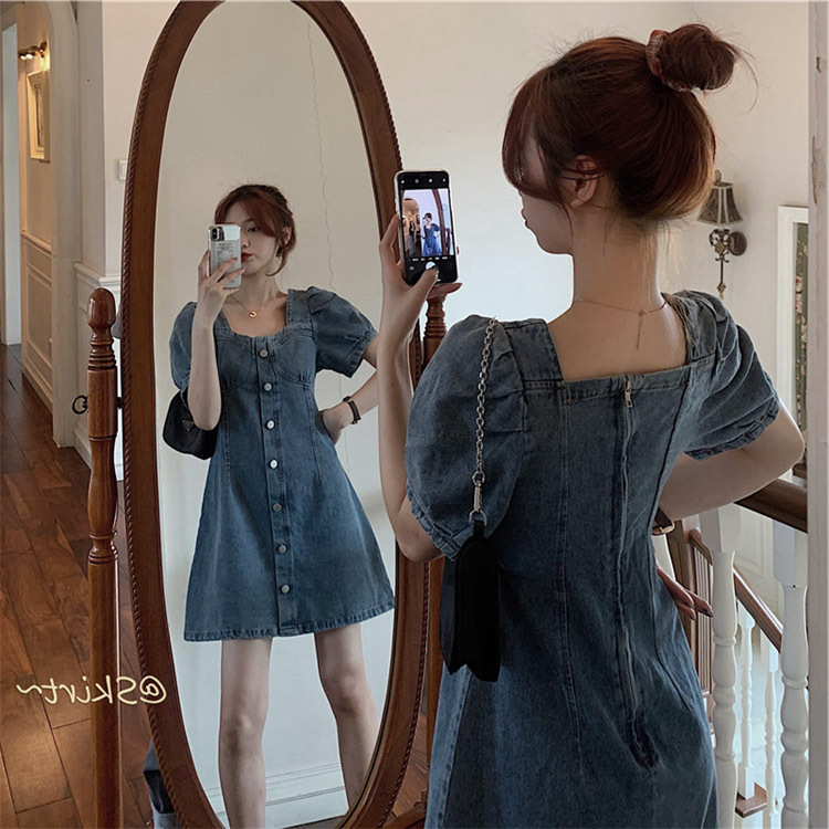 Foreign Trade Plus-Size Denim Dress for Women, Short-Sleeve, 2026 Spring/Summer New Style, Waist-Cinching, Petite, Puff Sleeve, Short Dress