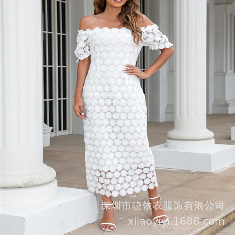 Amazon Aliexpress European and American Foreign Trade Hot-Selling Water-Soluble Lace Waist-Cinching Off-Shoulder Sexy Strapless Dress Evening Gown