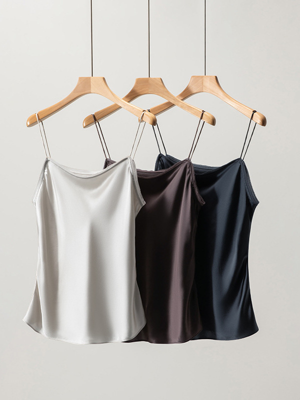 New Summer French Style Silk Satin Sling Women's Swing Collar Mulberry Silk Stitching Base Vest Commuting Solid Color Small Shirt