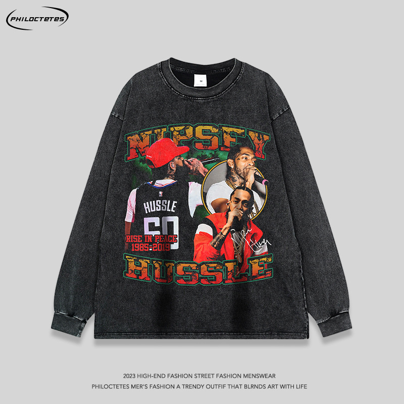 American high street rap portrait printed long-sleeved T-shirt men's retro hip hop Street distressed washed casual base tee