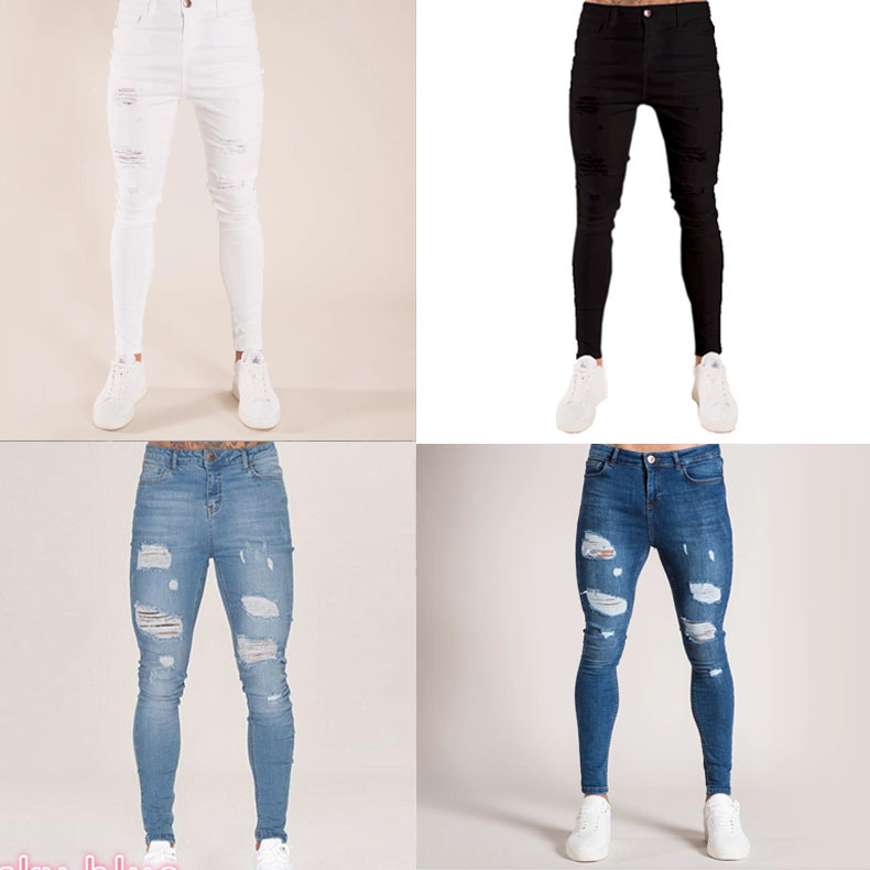 Cross-Border Ebay Amazon Wish In-Stock Men's Skinny Jeans Ripped Pants Trendy Long Pants Stretchy for Men