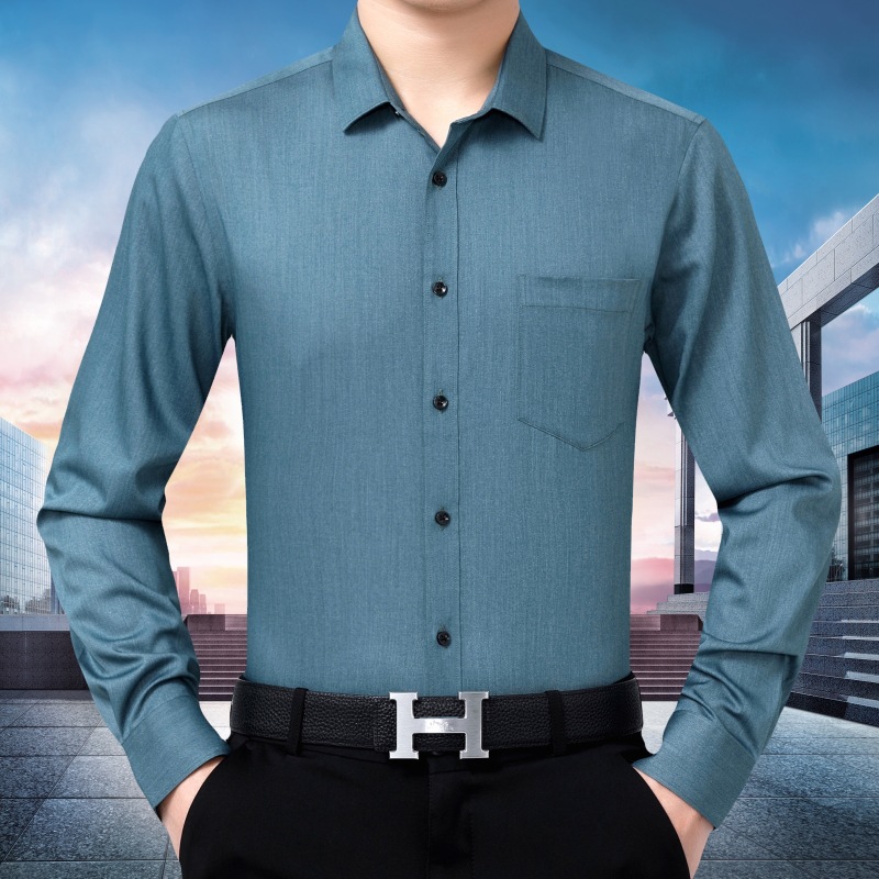 Big Brand Men's Long-Sleeve Silk Shirt for Spring and Autumn, Business Casual, Professional Workwear, Non-Iron, with Pockets, for Middle-Aged Men