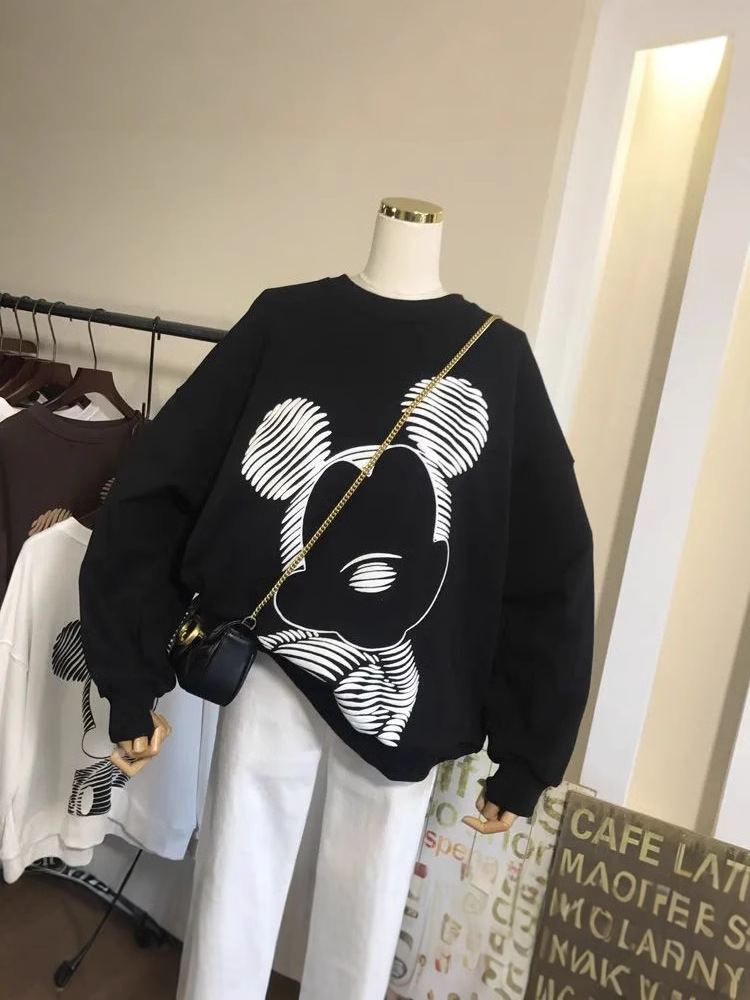 Cross-Border Cartoon Print Velvet Black Sweatshirt for Female Students Autumn and Winter New Style Women's Loose Round Neck Pullover Top Jacket