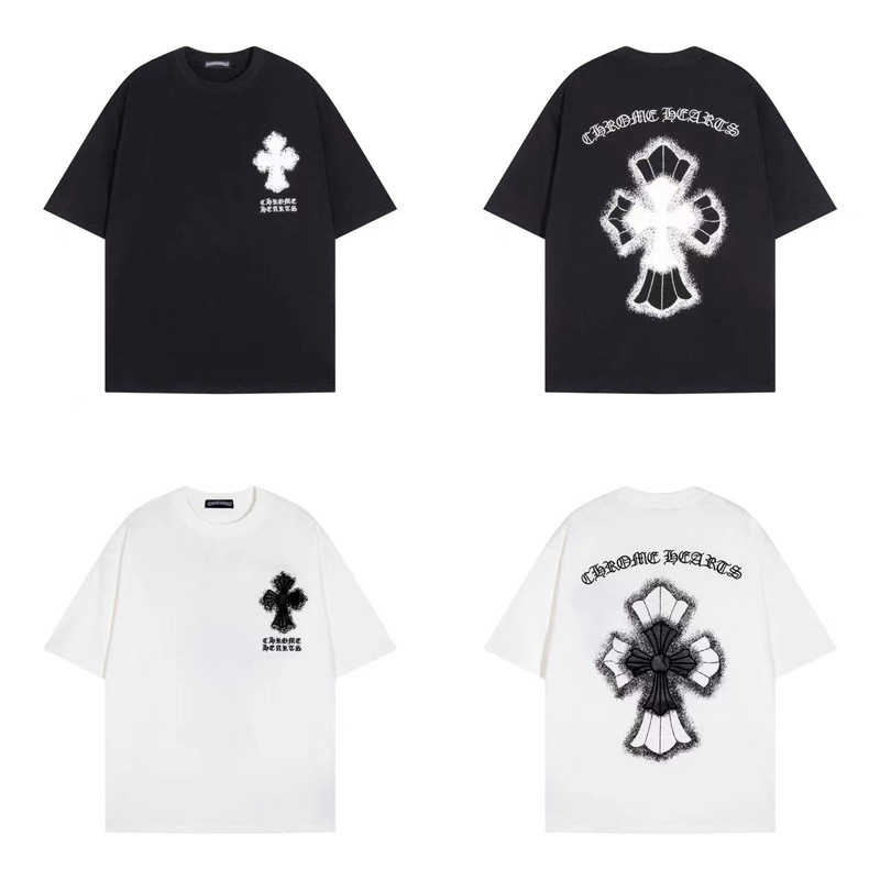Cross-Border High Version Chrome Hearts Cross Leather Printed Short-Sleeved T-Shirt Loose and Trendy for Men and Women