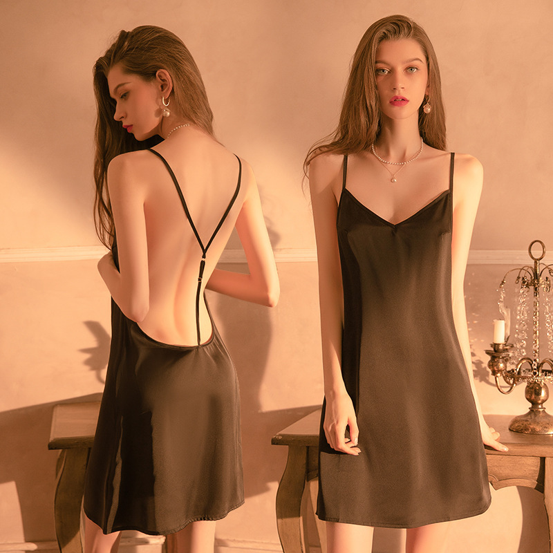 Luxury Lingerie with a Sexy V-Neck, Faux Silk Straps, Adjustable Cross-Back Nightdress 9854