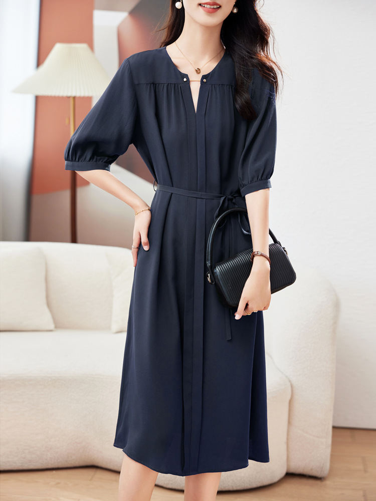 Hangzhou Heavyweight Silk Dress for Women, Mid-Length, 2026 Summer New Style, Five-Quarter Sleeves, Tie-Waist, Slimming Mulberry Silk Dress