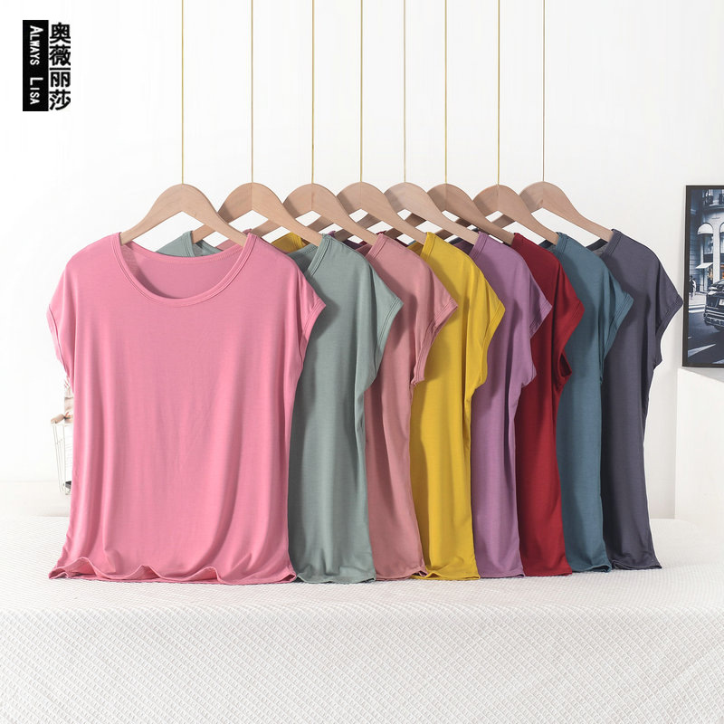 Modal T-shirt Women's Summer Loose plus size Mother's Crewneck Short-sleeved Top Solid Color Simple Outer Wear Base Shirt
